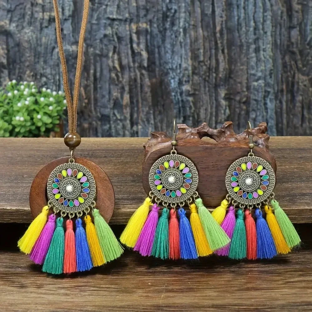 932 ❤️ 3 Pc Bohemian Ethnic Tassel Necklace Earring Jewelry Boho Set - Picture 1 of 8